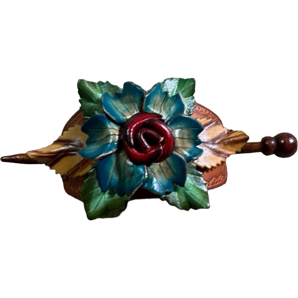 Vintage Genuine Leather Floral Hair Barrette Stick 3D Rose Boho Multicolor